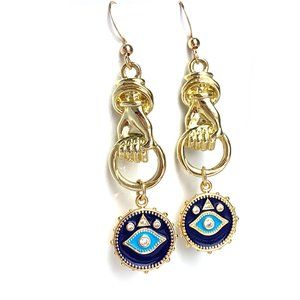 Blue enamel Protective Eye & Gold Hand Earrings ~ NWT